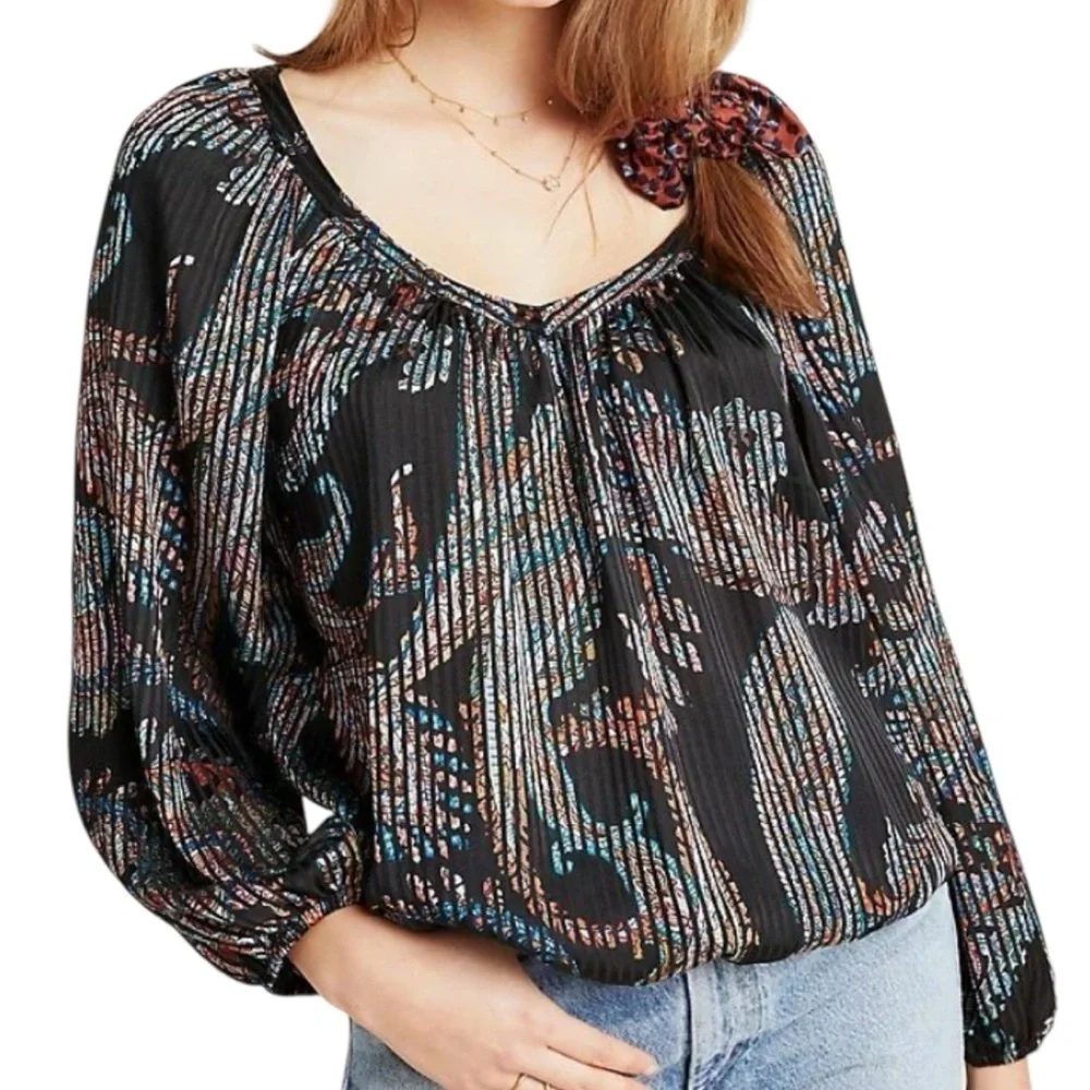 NWT MAEVE Madeira Long Sleeve V-Neck Elastic Hem Burnout Blouse Size Small - Picture 2 of 6